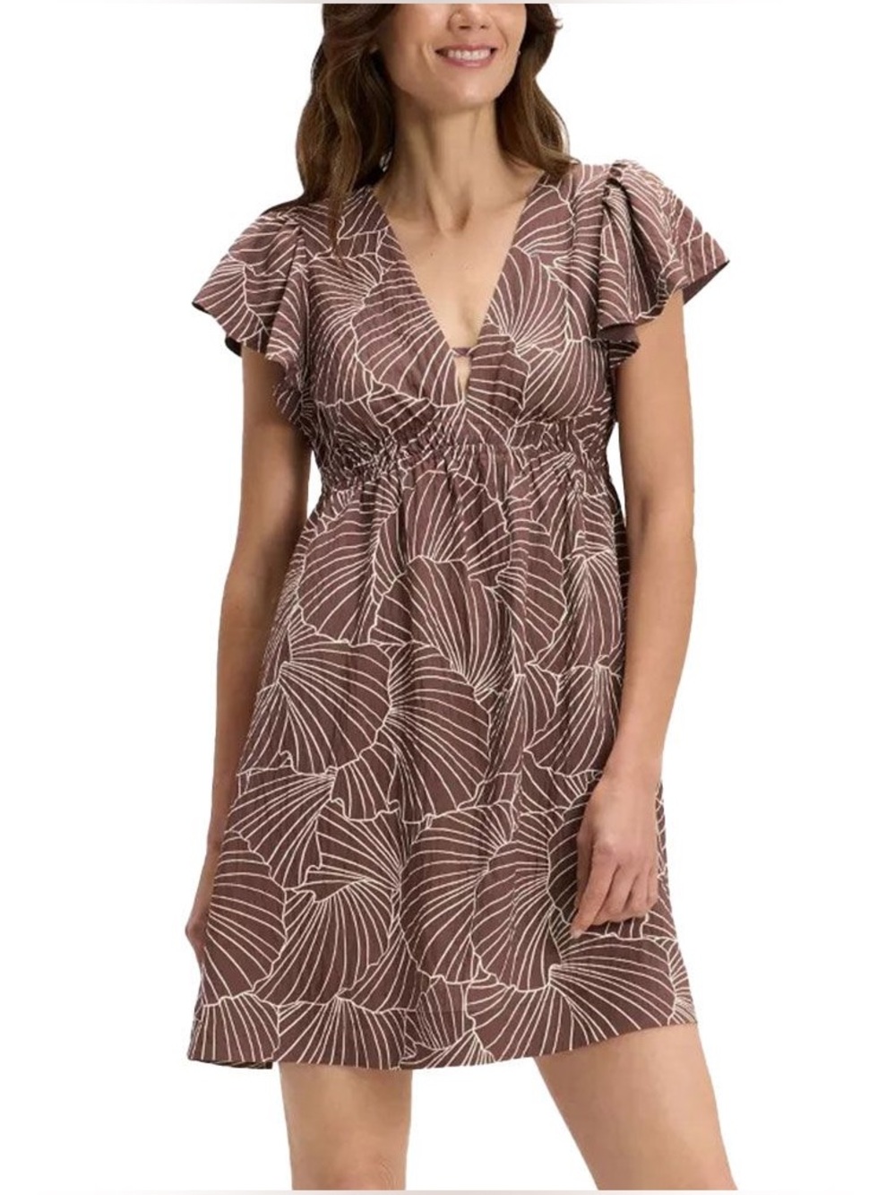 A NEW DAY Brown Flutter Leaf Print Short Sleeve Dress